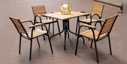 供应户外塑木桌椅十字拼花桌餐桌椅组合 方形水曲柳桌椅 户外咖啡桌椅