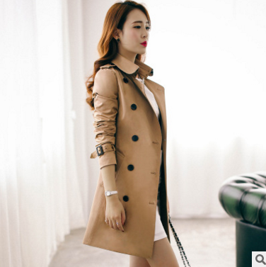 厂家批发2016春秋季新款韩版修身大码女装中长款显瘦风衣外套双排扣大衣潮