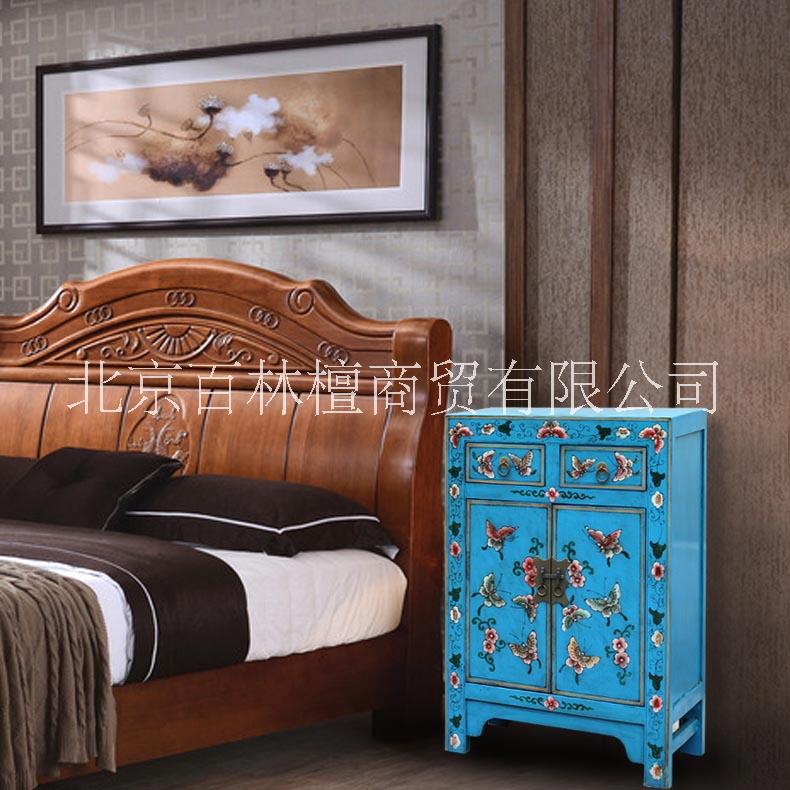 彩绘蝴蝶床头柜85木质复古做旧储物收纳边角柜子新古典家具特价图片