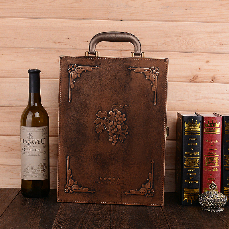 复古金色双支皮质红酒葡萄酒包装盒批发