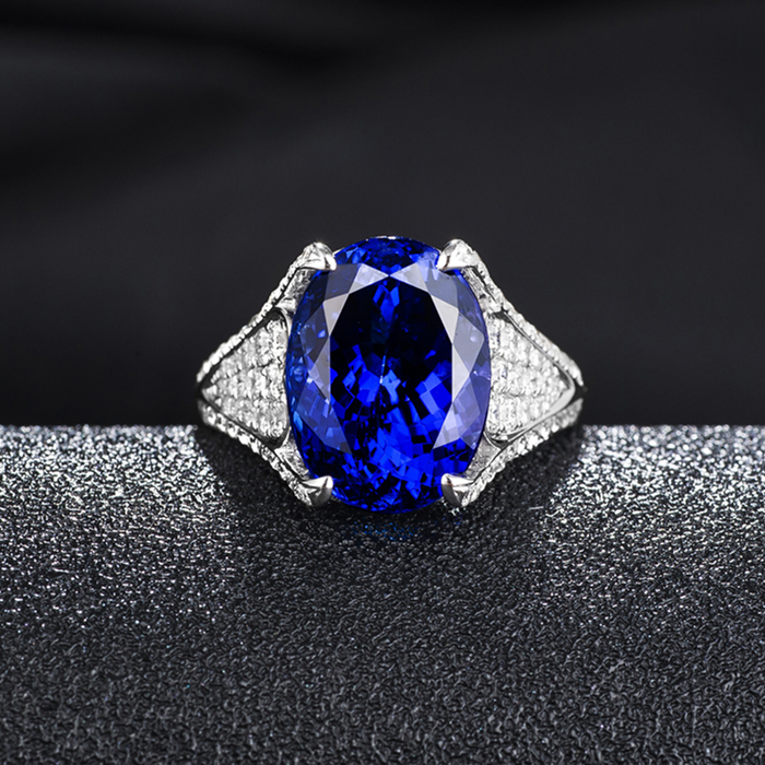 8.09椭圆形坦桑石戒指5A坦桑石的价格18K金钻石镶嵌个性款式颜色好坦桑尼亚蓝宝石