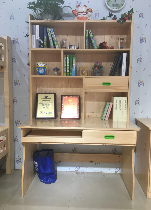 书桌书架组合家用松木带书柜一体桌学生台式简约写字台实木电脑桌松木书桌