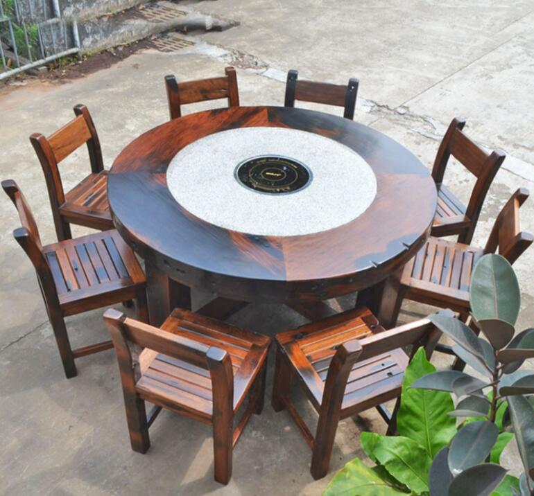 古船木功夫餐桌椅船木餐桌厚重圆形餐桌老船木茶艺桌椅组合定制