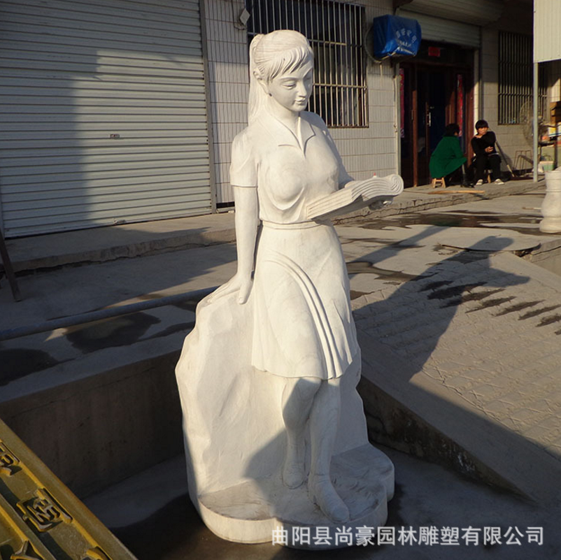 厂家直销 汉白玉石雕人物像 校园题材雕塑 读书姑娘 腾飞石雕摆件