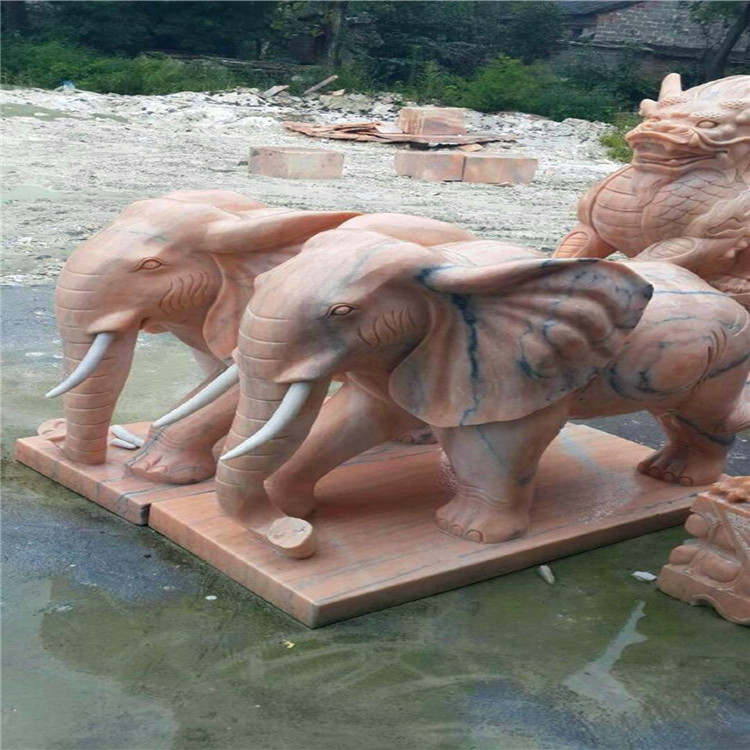 南阳市石头大象厂家晚霞红石头大象 石雕大象摆件批发一对起批