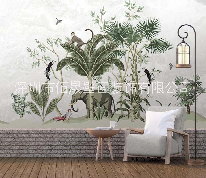 酒店大型无缝壁布墙纸壁纸墙布背景 工厂批发厂家生产   手绘热带树叶大象图片