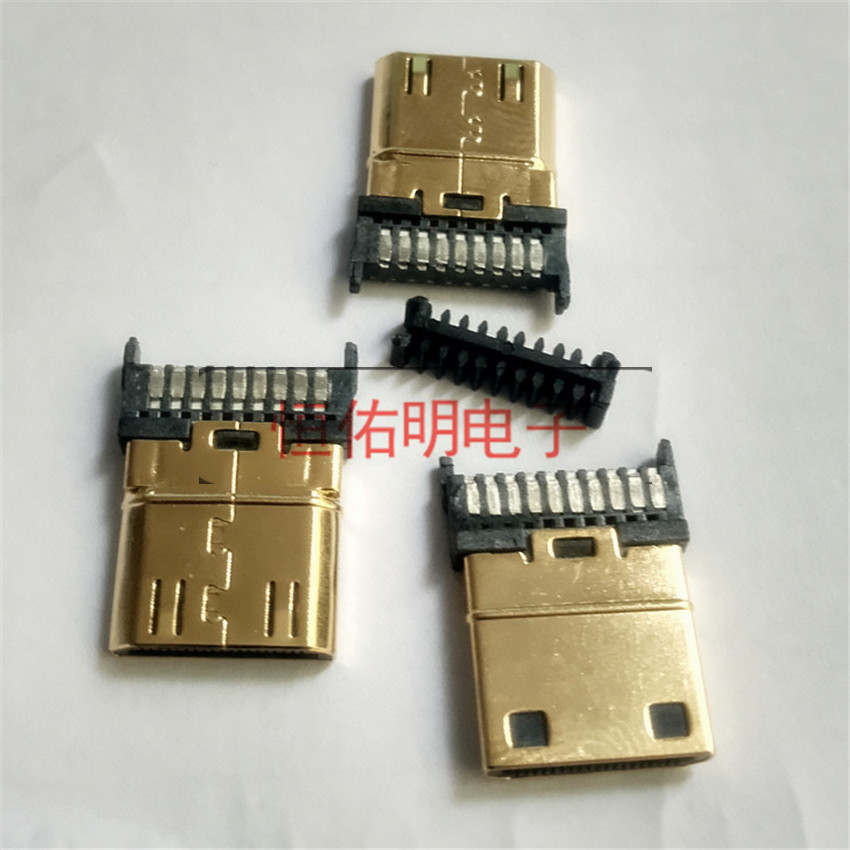 MINI HDMI 19P焊线公头 可带线夹 夹板插头 镀金镀镍 MINI HDMI19P焊线公头