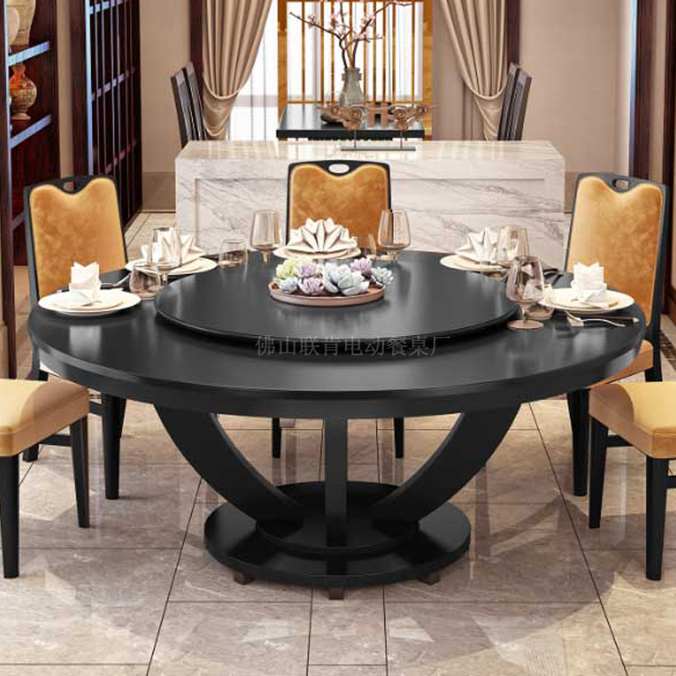 新中式饭店包厢实木餐桌椅组合酒店餐厅电动大圆桌转盘实木餐桌