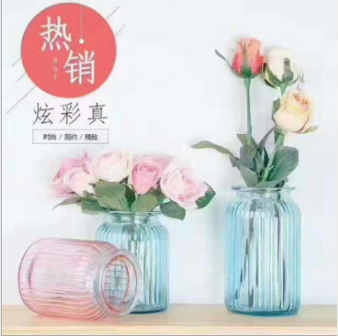 彩色玻璃花瓶透明插花瓶竖纹装饰花瓶创意简约现代花瓶水培花瓶图片