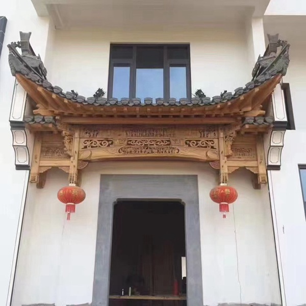 中式木雕仿古实木屋檐古建筑装饰复古斗拱翘角定做圆柱门窗图片