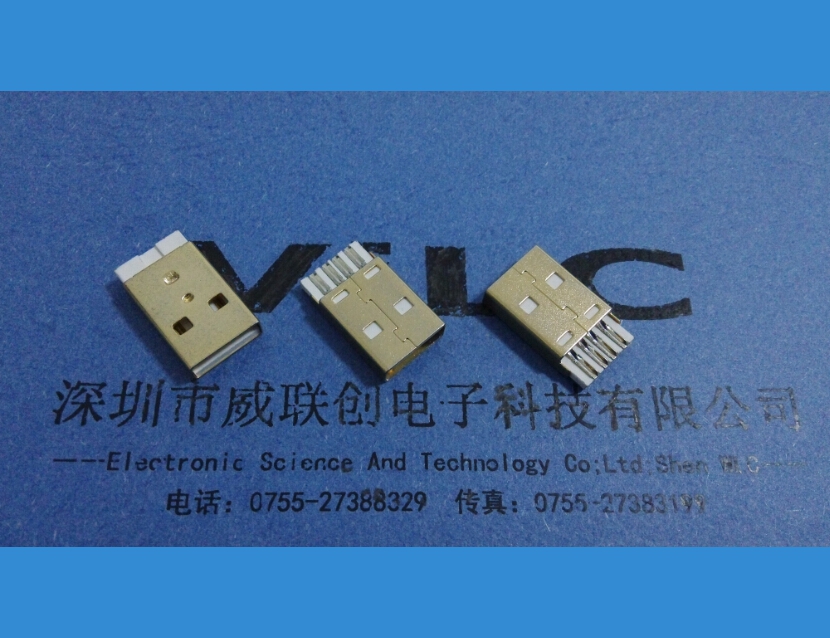 AM-USB2.0公头=A公短体焊线式+无脚公头+外壳全镀金+白色胶芯